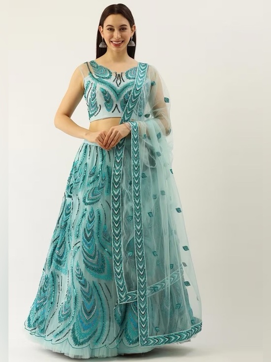 House Of Indya Dresses & Skirts - NWT Embellished Aqua Blue Lehenga with Sheer Dupatta